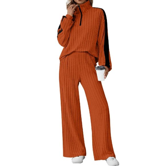 Ribbed Knit Lounge Set Half Zip Sweatshirt Wide Leg Joggers